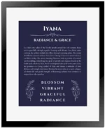 Iyana personalized name meaning print in navy blue with black matte frame