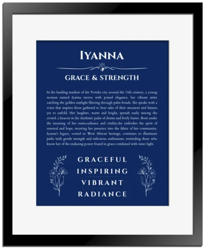 Iyanna custom name print for wall display in deep blue with black matte frame