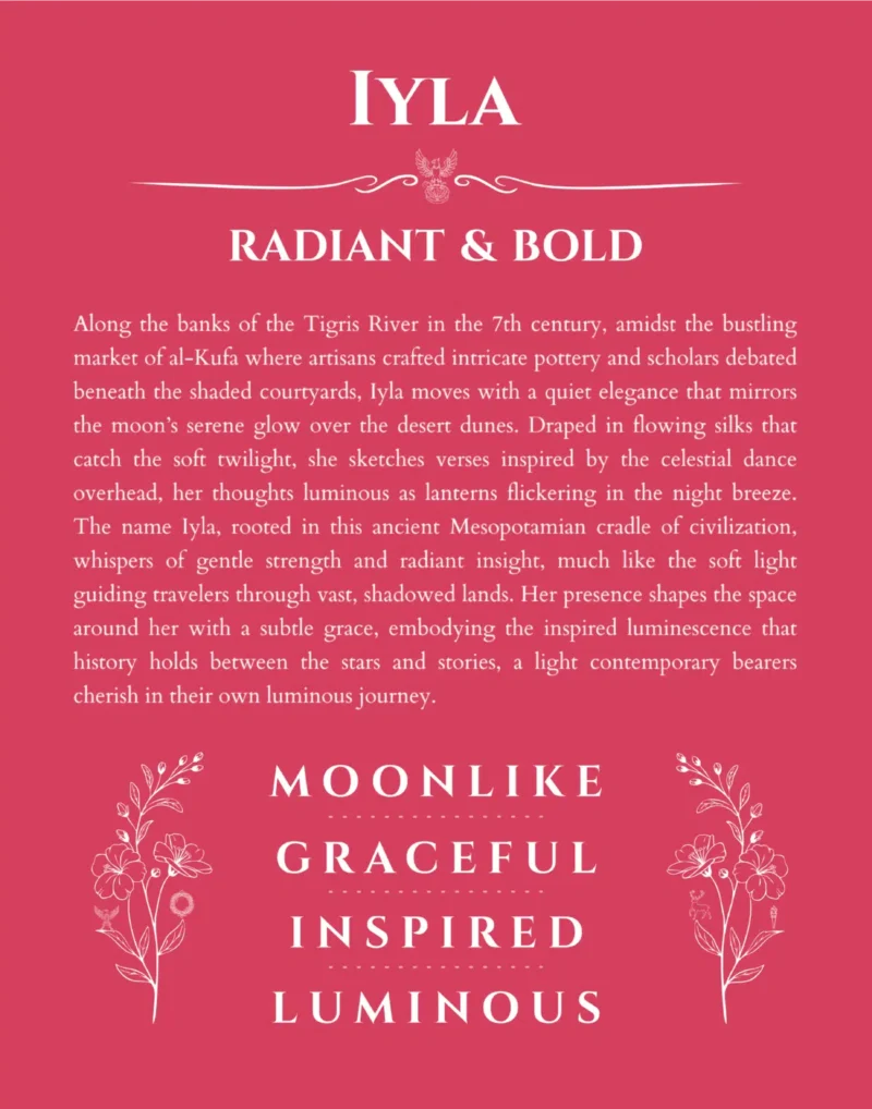 Iyla name origin print with meaning and traits in red