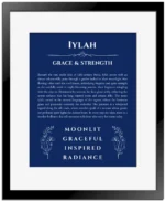 Iylah name meaning wall art by Get Your Story in deep blue with black matte frame