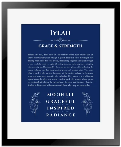 Iylah name meaning wall art by Get Your Story in deep blue with black matte frame