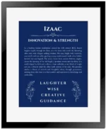 Izaac personalized name art with origin story in deep blue with black matte frame