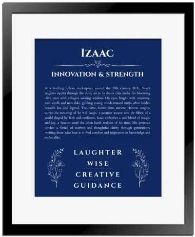 Izaac personalized name art with origin story in deep blue with black matte frame
