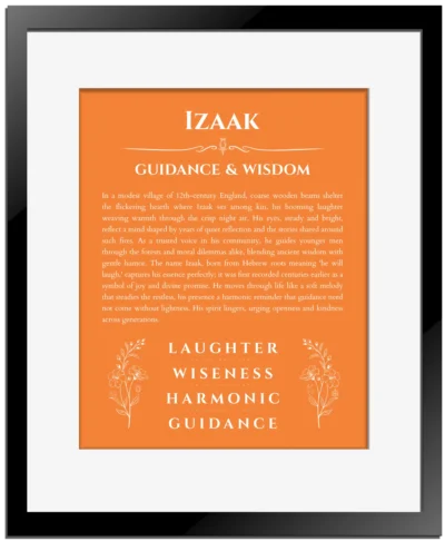 Izaak personalized wall art with the story of your name in orange with black matte frame