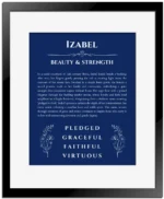 Izabel personalized name print with origin and traits in deep blue with black matte frame