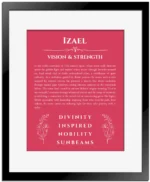 Izael name origin print with meaning and traits in red with black matte frame