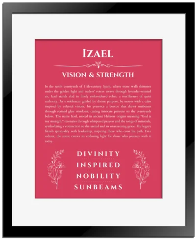 Izael name origin print with meaning and traits in red with black matte frame