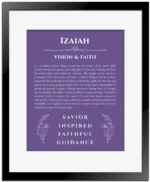 Izaiah personalized name meaning print in purple with black matte frame