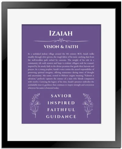 Izaiah personalized name meaning print in purple with black matte frame