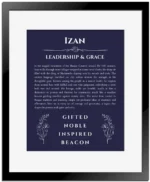 Izan name meaning wall art by Get Your Story in navy blue with black matte frame