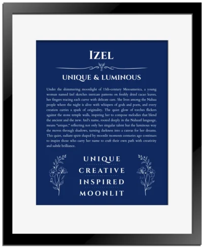 Izel name meaning wall art by Get Your Story in deep blue with black matte frame