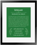 Izhaan name meaning wall art by Get Your Story in dark green with black matte frame