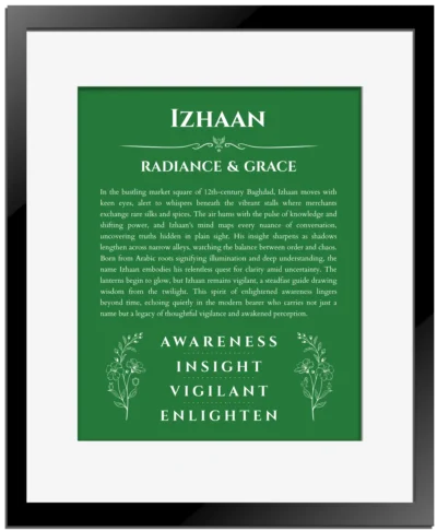 Izhaan name meaning wall art by Get Your Story in dark green with black matte frame