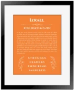Izrael custom name art showing meaning and origin in orange with black matte frame