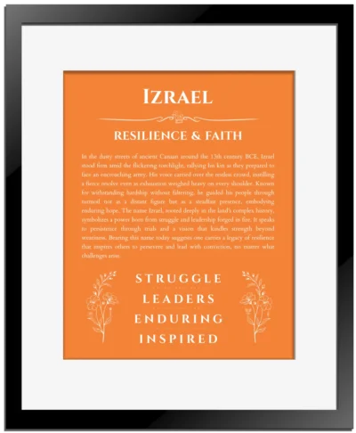 Izrael custom name art showing meaning and origin in orange with black matte frame
