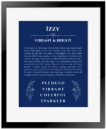 Izzy personalized name art with origin story in deep blue with black matte frame