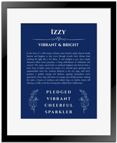 Izzy personalized name art with origin story in deep blue with black matte frame