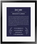 Jacari name meaning wall art by Get Your Story in navy blue with black matte frame