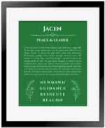 Jacen name meaning wall art by Get Your Story in dark green with black matte frame