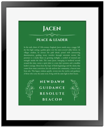Jacen name meaning wall art by Get Your Story in dark green with black matte frame
