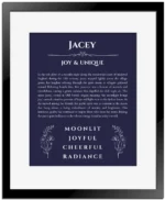 Jacey custom name print for wall display in navy blue with black matte frame