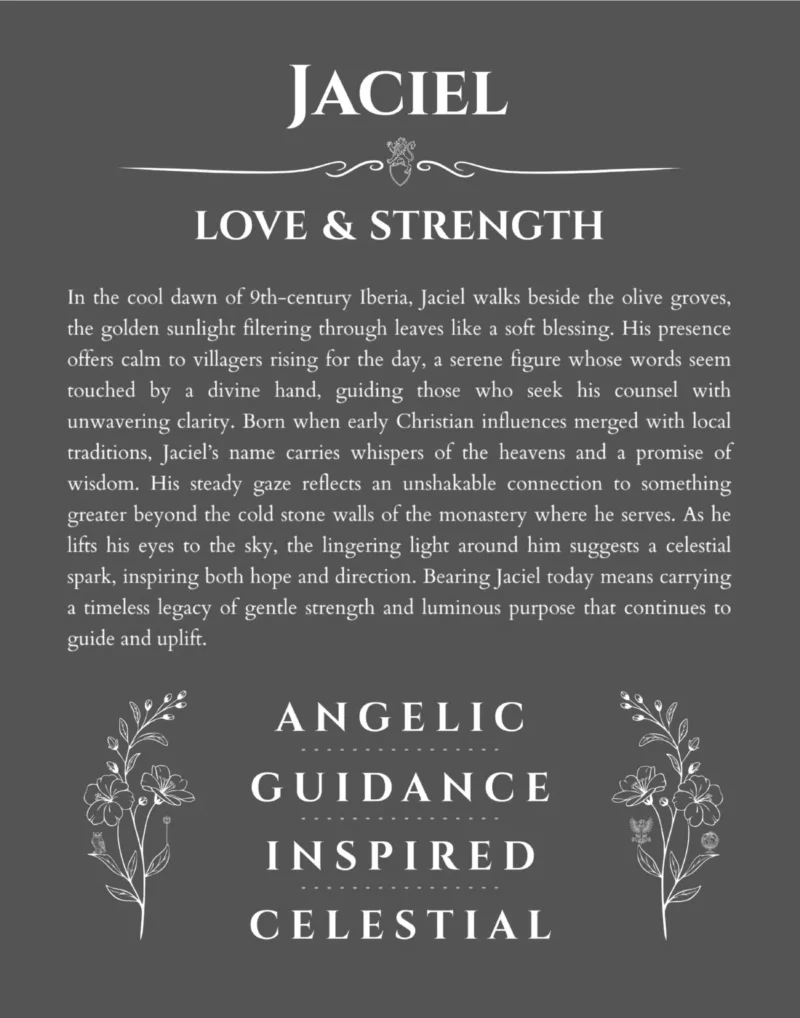 Jaciel custom name art showing meaning and origin in gray