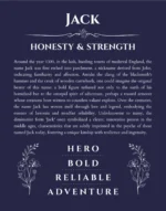 Jack name origin print with meaning and traits in navy blue