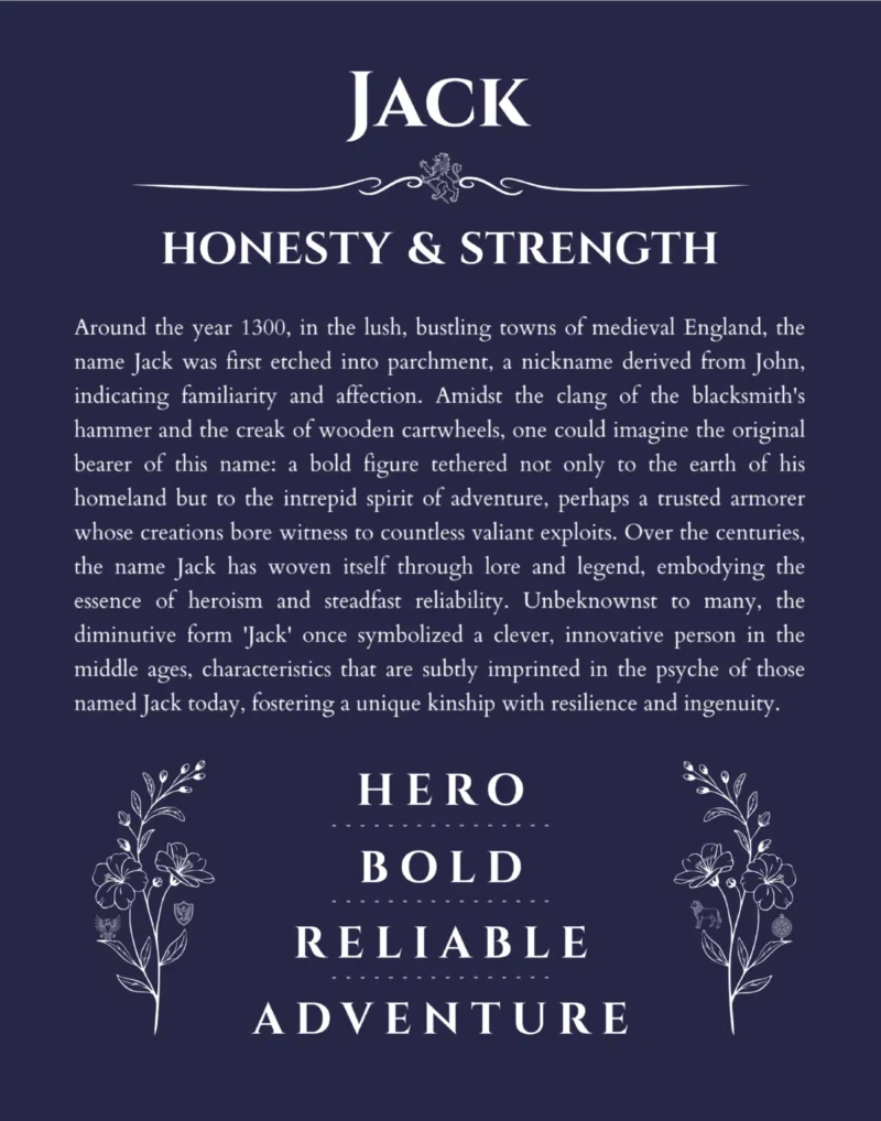 Jack name origin print with meaning and traits in navy blue