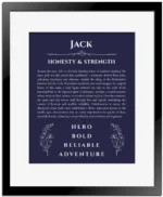 Jack name origin print with meaning and traits in navy blue with black matte frame