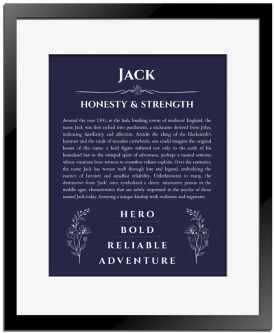 Jack name origin print with meaning and traits in navy blue with black matte frame