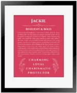 Jackie personalized name meaning print in red with black matte frame