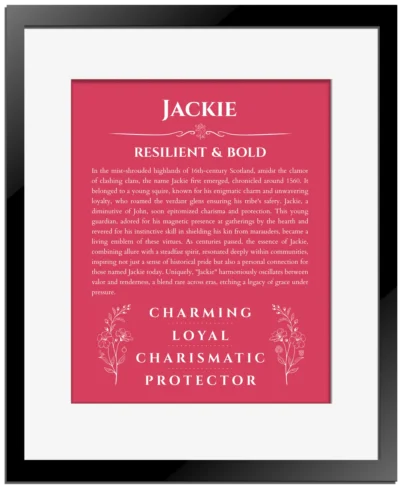 Jackie personalized name meaning print in red with black matte frame