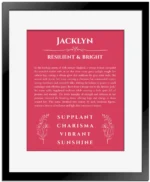 Jacklyn personalized name art with origin story in red with black matte frame