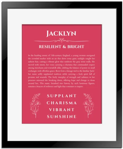 Jacklyn personalized name art with origin story in red with black matte frame
