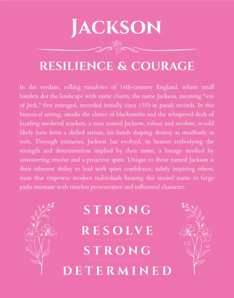 Jackson name origin print with meaning and traits in pink
