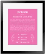 Jackson name origin print with meaning and traits in pink with black matte frame
