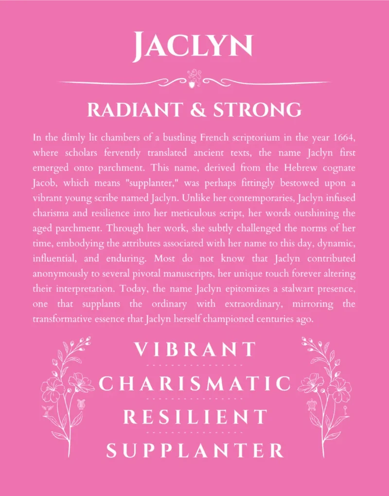 Jaclyn custom name art showing meaning and origin in pink