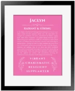 Jaclyn custom name art showing meaning and origin in pink with black matte frame