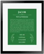 Jacob custom name art showing meaning and origin in dark green with black matte frame