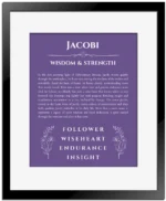 Jacobi name meaning wall art by Get Your Story in purple with black matte frame