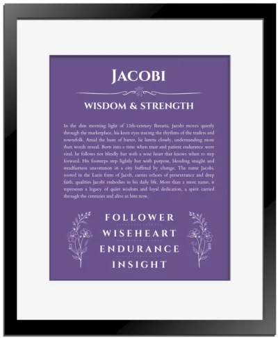 Jacobi name meaning wall art by Get Your Story in purple with black matte frame