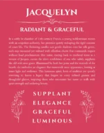 Jacquelyn custom name art showing meaning and origin in red