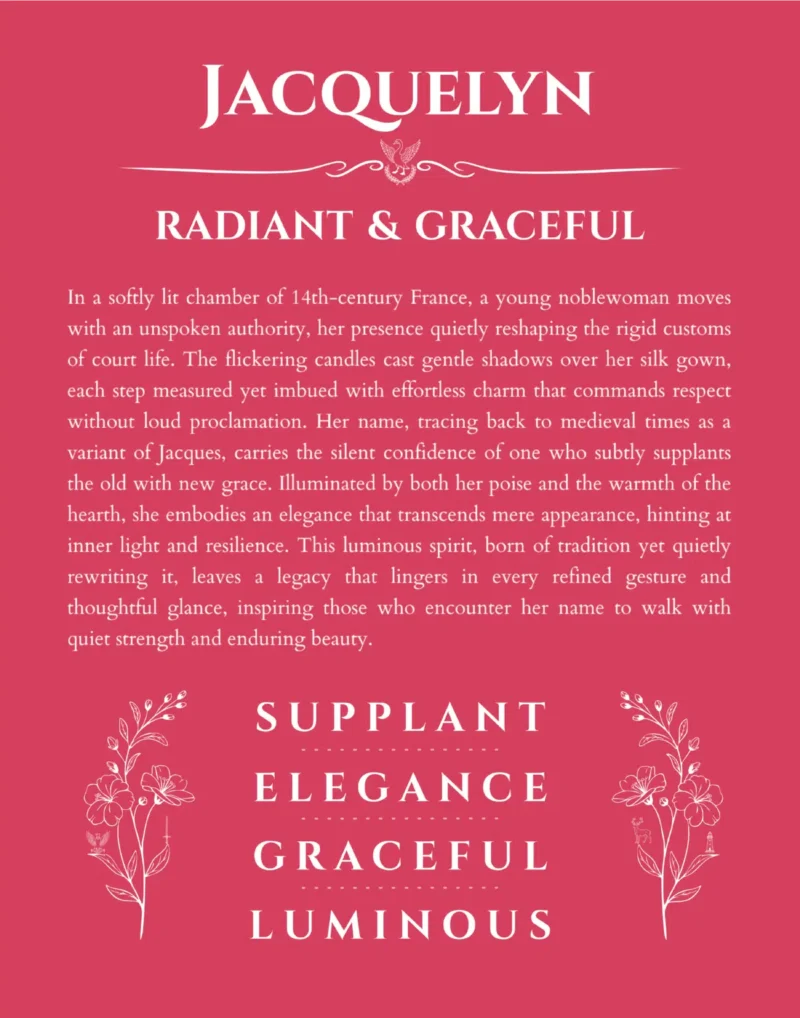 Jacquelyn custom name art showing meaning and origin in red