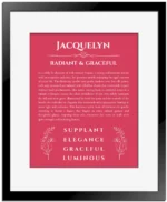 Jacquelyn custom name art showing meaning and origin in red with black matte frame