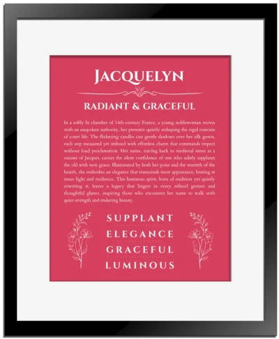 Jacquelyn custom name art showing meaning and origin in red with black matte frame