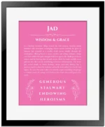 Jad custom name print for wall display in pink with black matte frame
