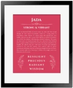 Jada personalized wall art with the story of your name in red with black matte frame