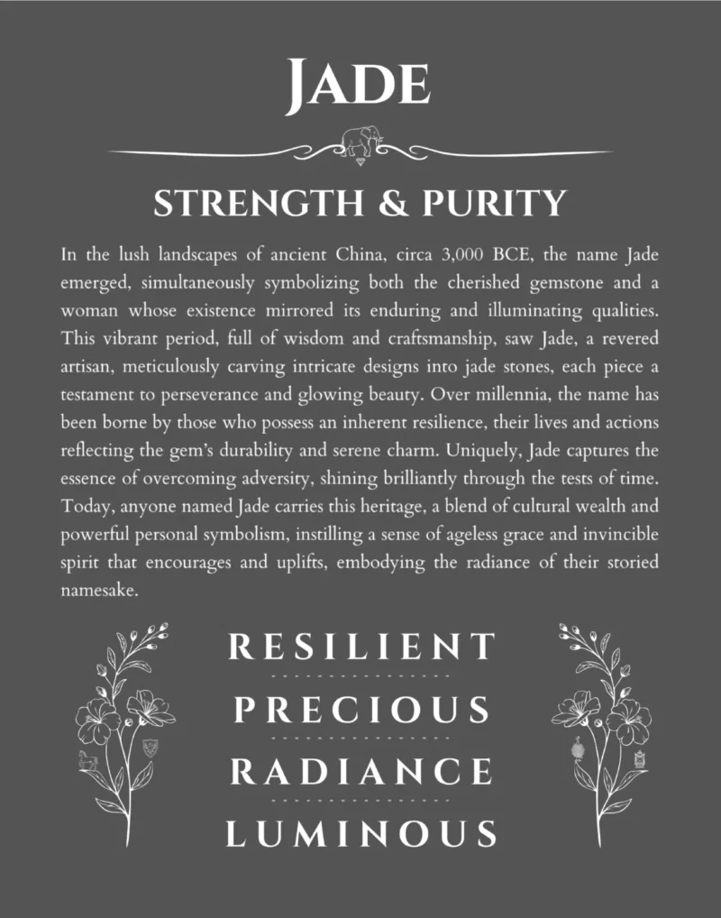 Jade personalized name art with origin story in gray