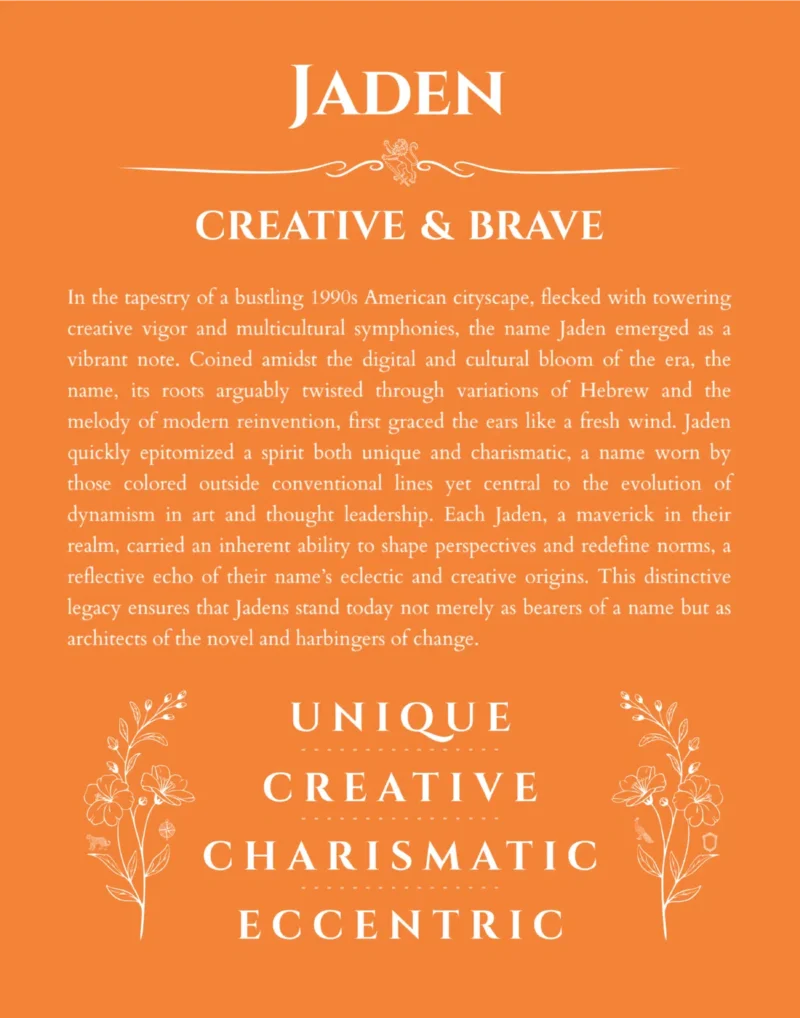 Jaden personalized name art with origin story in orange