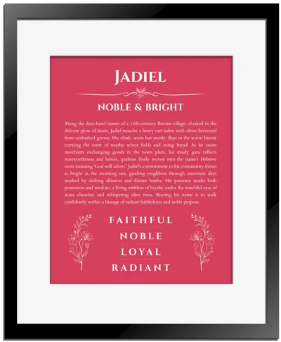 Jadiel personalized name meaning print in red with black matte frame